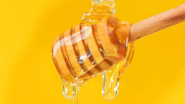 Close up fresh fluid honey pouring and flowing from wooden dipper spoon over yellow background — Stock Photo, Image