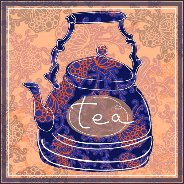 Virágos tervezett teáskanna. tea idő illusztráció — Stock Vector