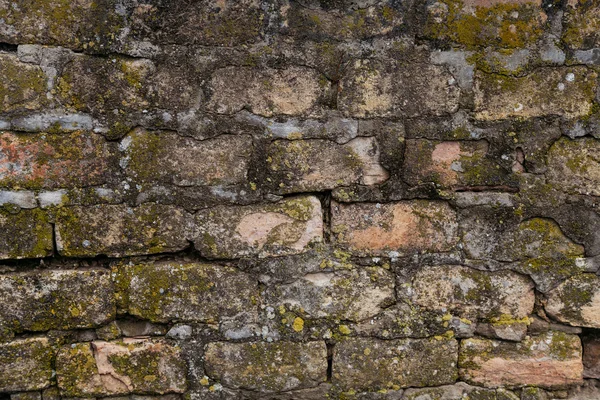 Zeer oude bakstenen muur bedekt met mos, textuur — Stockfoto