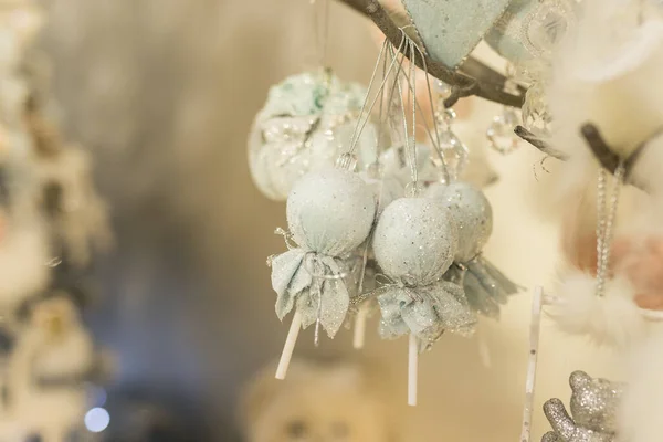 Close up of Christmas decorations with delicate blue toys on the branch — Stock Photo, Image