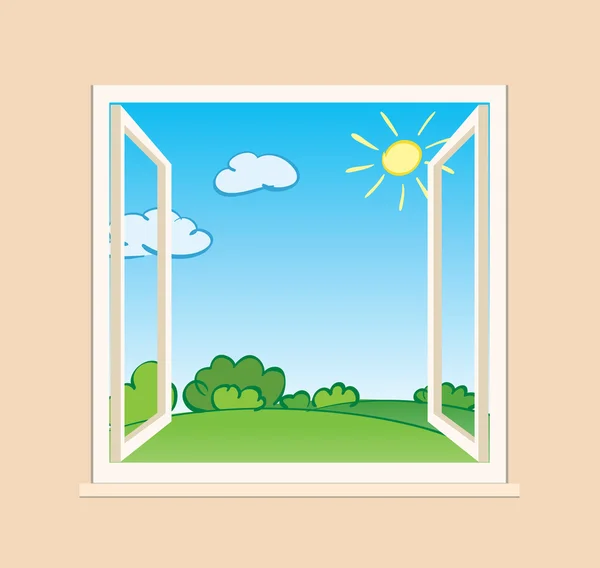 Ventana abierta con naturaleza verde fuera - ilustración vectorial — Archivo Imágenes Vectoriales