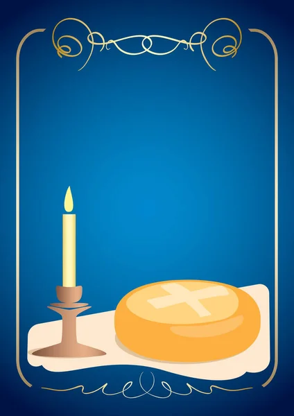 Blue Postcard Candle Ritual Bread Slava Holiday Vector Background — Stock Vector