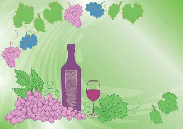 Wijnfles Met Druiven Wijnglas Vectorachtergrond Voor Druivenoogst — Stockvector