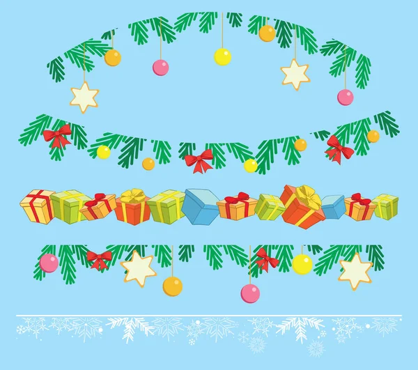 Décorations Noël Pour Les Vacances Hiver Ensemble Vectoriel Guirlandes Vertes — Image vectorielle