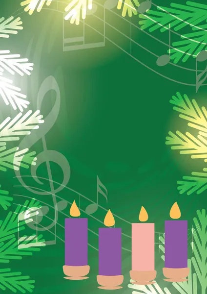 Flyer Advent Candles Music Notes Green Vector Background — Stock Vector