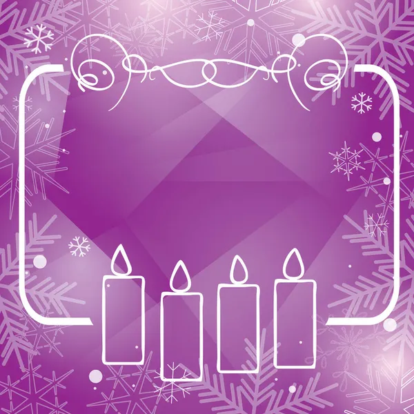 白色框架 带有抽象紫色背景上的蜡烛 带有雪花的矢量传单 — 图库矢量图片