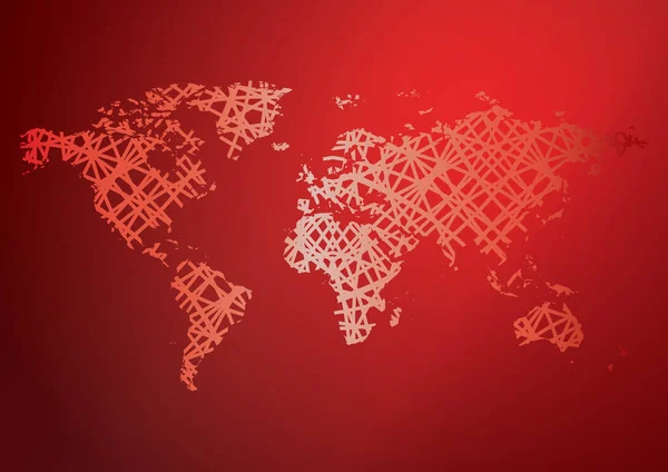 Red Background Abstract World Map Vector Curves — Stock Vector