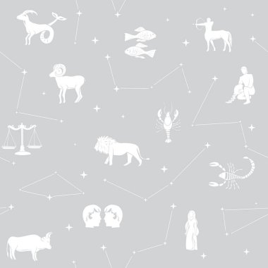 Gri vektör pürüzsüz desen - Zodiac hayvanları ve yıldızları