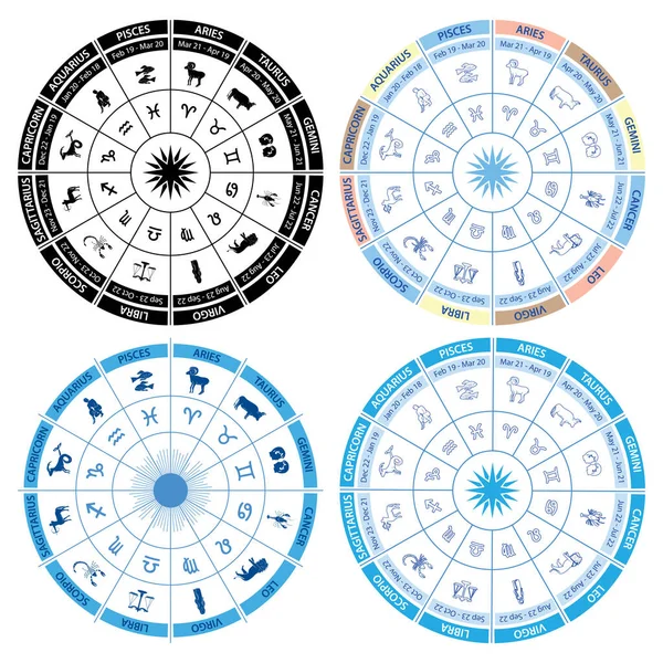 Zodiac Wheels Vector Circles Signs Animals — Stock Vector