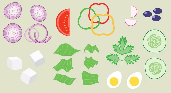 Ingredients Salad Onion Tomato Bell Peppers Cucumbers Parsley Eggs Vector — Vetor de Stock