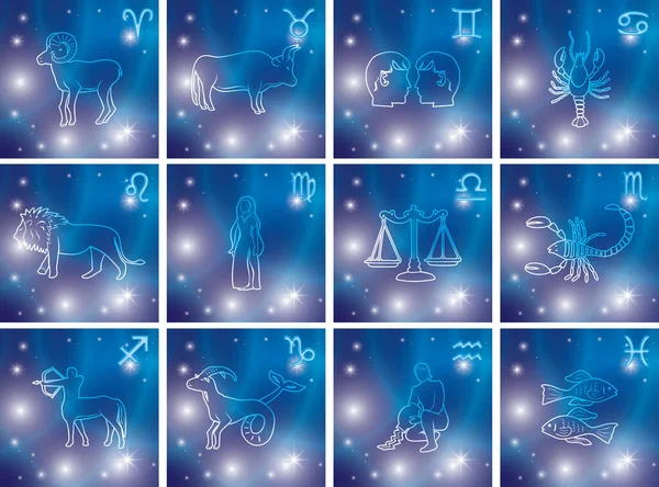 silhouettes of symbols of Zodiac on vector blue backgrounds with stars - set of horoscope signs