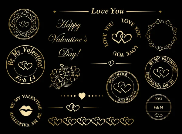 Διακοσμητικό Σετ Από Χρυσά Ρομαντικά Ταχυδρομικά Γραμματόσημα Καρδιές Και Διαχωριστικά — Διανυσματικό Αρχείο