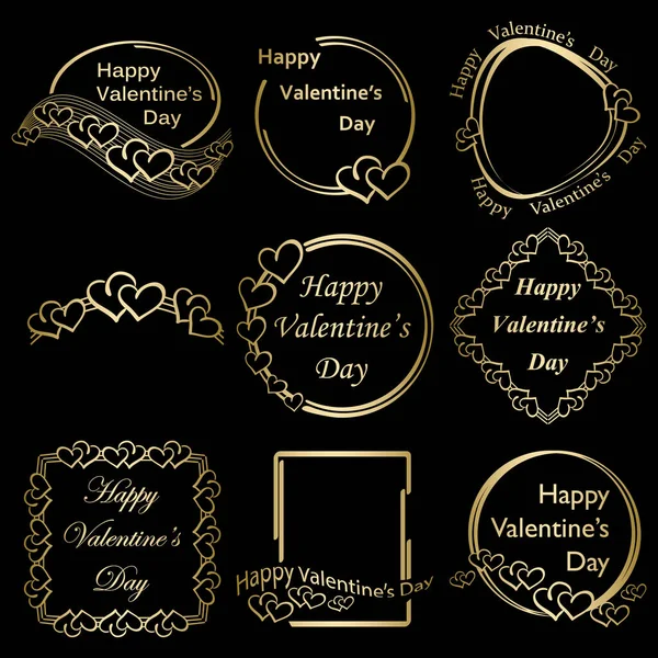 Zlaté Známky Srdcem Valentýna Vektorové Dekorativní Rámečky — Stockový vektor