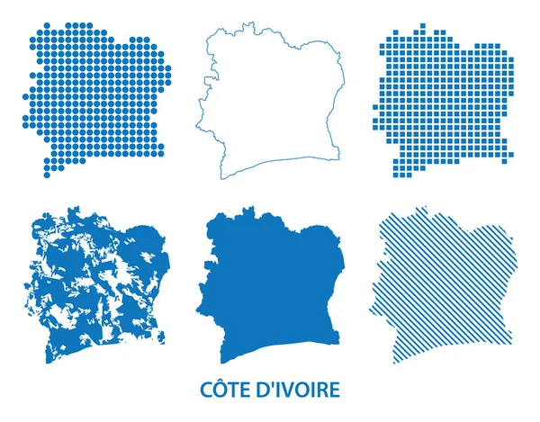 科特迪瓦 西非象牙海岸共和国地图 不同样式的一组矢量轮廓 — 图库矢量图片