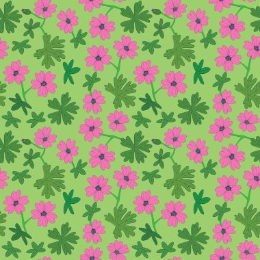 parlak yeşil çiçeksiz desen - pembe çiçekler - vektör arkaplan