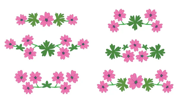 Flowers Green Leaves Floral Design Elements Decorative Delimiters Vector Set — Stock Vector