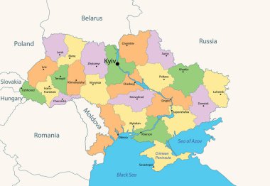 Ukrayna 'nın renkli Ukrayna bölgeleri ve sınırları ile ilgili idari haritası. Vektör illüstrasyonu