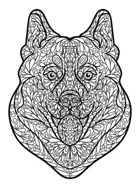 Husky köpek süsleme sayfası, beyaz arkaplanda izole edilmiş siyah-beyaz taslak, stok vektör illüstrasyonu, baskı