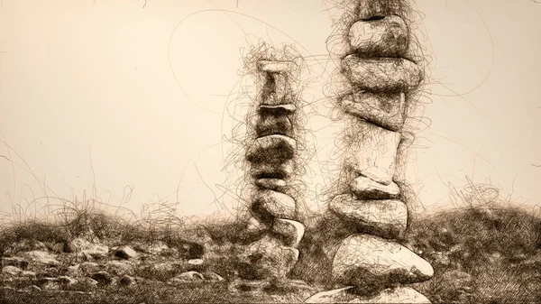 Esboço Pedra Áspera Cairns Orgulhosamente Água Rasa Riacho — Fotografia de Stock