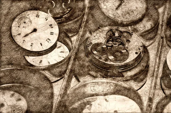 時計修理店のスケッチ 壊れた 廃棄された時計のコレクションへの時間の影響 — ストック写真