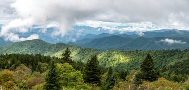 Bulutları delip geçen güneş ışığı Appalachian Dağları 'nın yamaçlarında Blue Ridge Parkway boyunca görünüyordu.