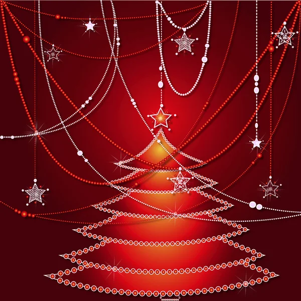 Рождественская елка и бусы на красном фоне — стоковый вектор