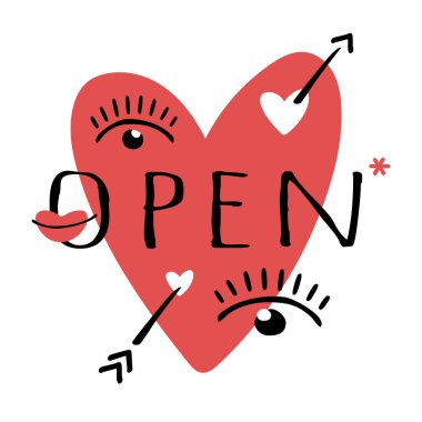 Beyaz arka planda izole edilmiş ok, göz ve dudaklı vektör kalp. Bir seks dükkanının kapısında pano açılışı ya da web sitesindeki afiş. Alıcılar için bir davetiye. İleti açılıyor.