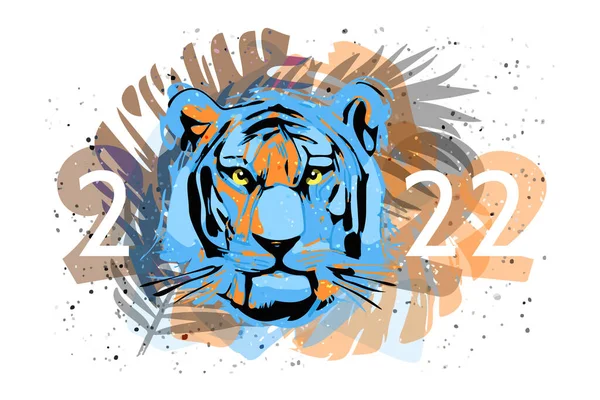 Twarz Czarnego Tygrysa Wodnego Liściach Palmowych Data Świąteczna 2022 Symbol — Wektor stockowy
