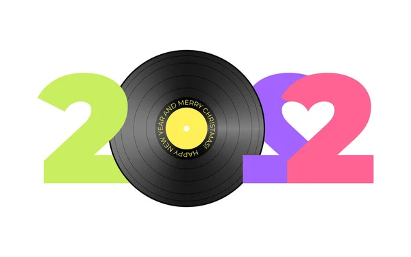 Vinil sicili ve kalbi olan yeni yıl kartı. 2022 sayılı çok renkli sayılar beyaz arka planda izole edildi. Müzikal selamlamanın geçmişe dönük çizimi Mutlu Noeller.