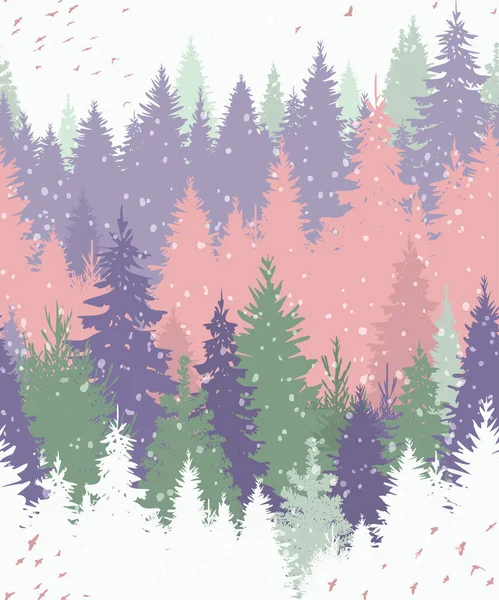 Nahtloses Muster Mit Wald Und Vogelschar Winterzauber Weihnachtslandschaft Mit Tannenbäumen — Stockvektor