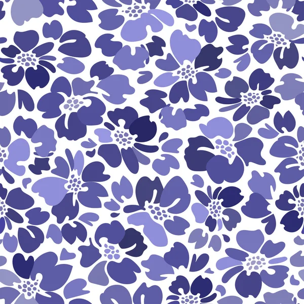 Vector Seamless Floral Patterns Monochrome Blue Flowers Isolated White Background — Stock Vector