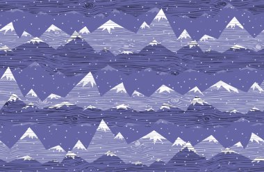 Seamless vector pattern with snow-capped mountain peaks. It is snowing on a very peri color background. Winter Christmas background for printing. Abstract silhouette of mountains with wood texture