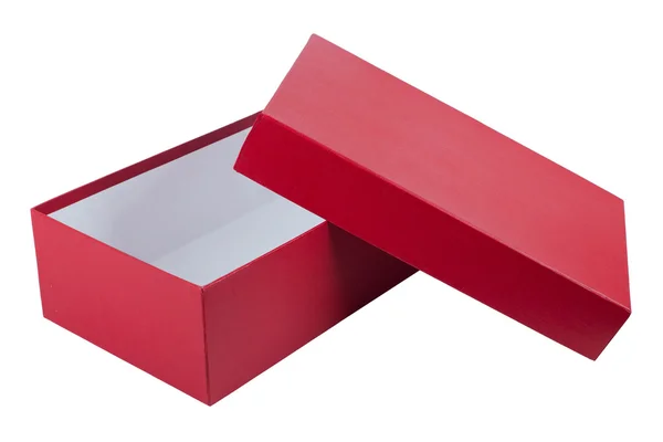 Kırmızı beyaz zemin üzerine izole ayakkabı kutusunu açın — Stok fotoğraf
