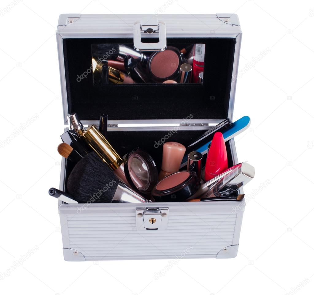 Decorative cosmetics in makeup box isolated on white background