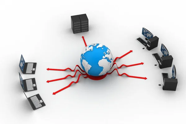 Laptop with big server and globe. 3D Image — Stock Photo, Image