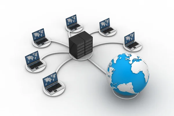 Laptop mit großer Server-Netzwerk-Firewall. 3D-Bild — Stockfoto