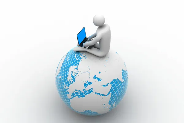 Man sitting on globe with the Laptop. On Top of the World. — Stock Photo, Image