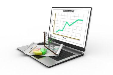 dizüstü bilgisayar elektronik ve istatistik grafikleri ile bir kağıt gösteriliyor