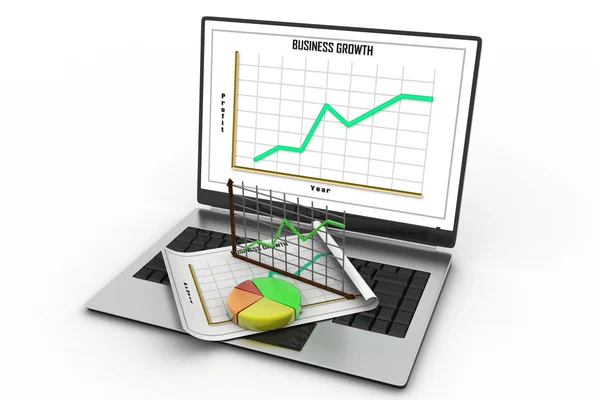 Laptop visar ett kalkylblad och ett papper med statistik diagram — Stockfoto