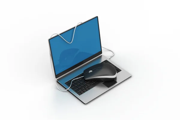 Simple blue laptop with mouse — Stock Photo, Image