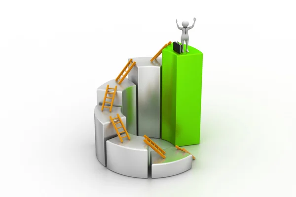 3d man, person climbing ladder using  up to  bar chart — Stock Photo, Image