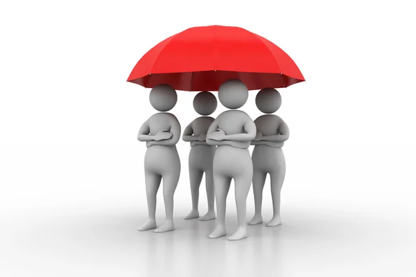 3d pessoas sob um guarda-chuva vermelho, conceito de trabalho em equipe — Fotografia de Stock