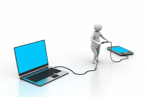 3D człowiek podłączenia laptopa i telefon — Zdjęcie stockowe