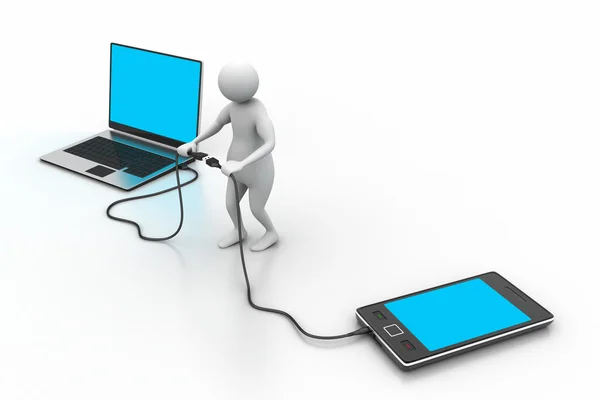 3d man connecting laptop and mobile — Stock Photo, Image