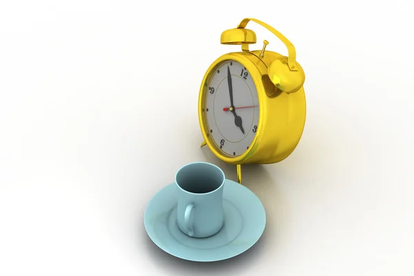 Alarm clock with cup of tea — Stock Photo, Image