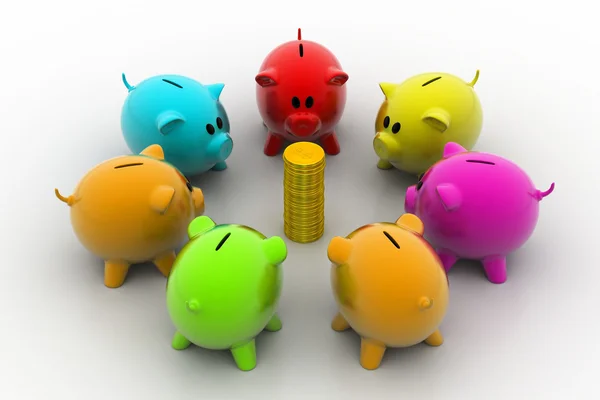 Group of piggybanks around with gold coins — Stock Photo, Image