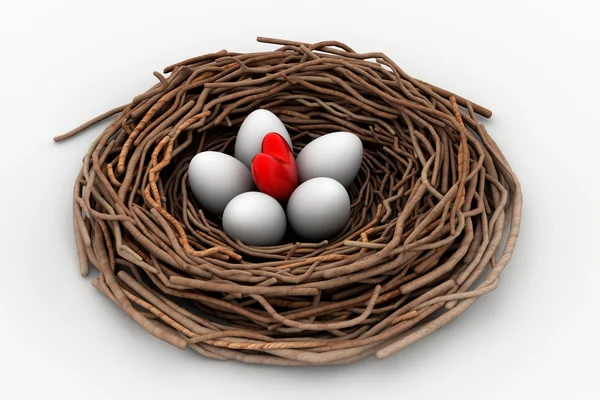 Red heart and eggs in a bird nest — Stock Photo, Image