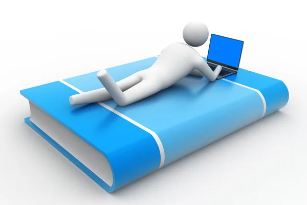 3d man lying on book with laptop — Stock Photo, Image