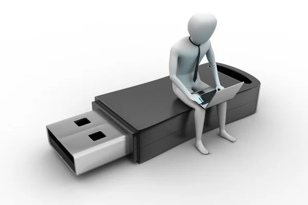 3D-man en laptop zitting usb — Stockfoto