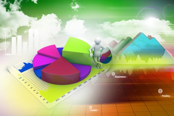 3D-Mann mit Wirtschaftsdiagrammen — Stockfoto